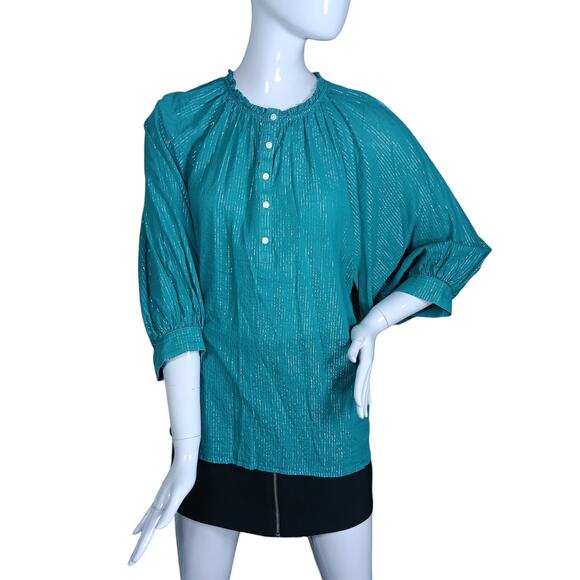 ana A New Approach Peasant Blouse Size Medium Teal Green With Silver Threading - Picture 1 of 8